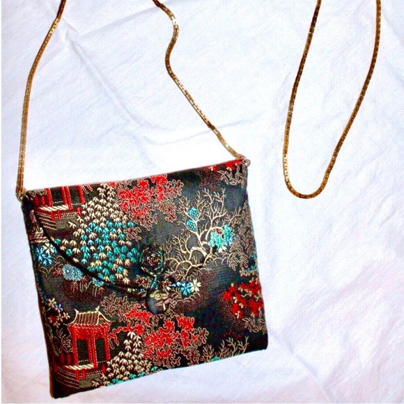 ***SOLD***Handmade Chinese Silk Asian Envelope Handbag w/56" Vendome Gold Chain - Picture 2 of 11